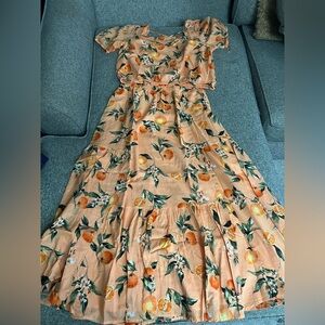 Loft crop top and a tiered maxi skirt in a citrus fruit print